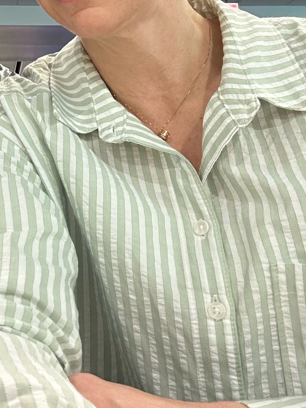 Anthropologie Oversized Mint & White Striped Button-Front Shirt